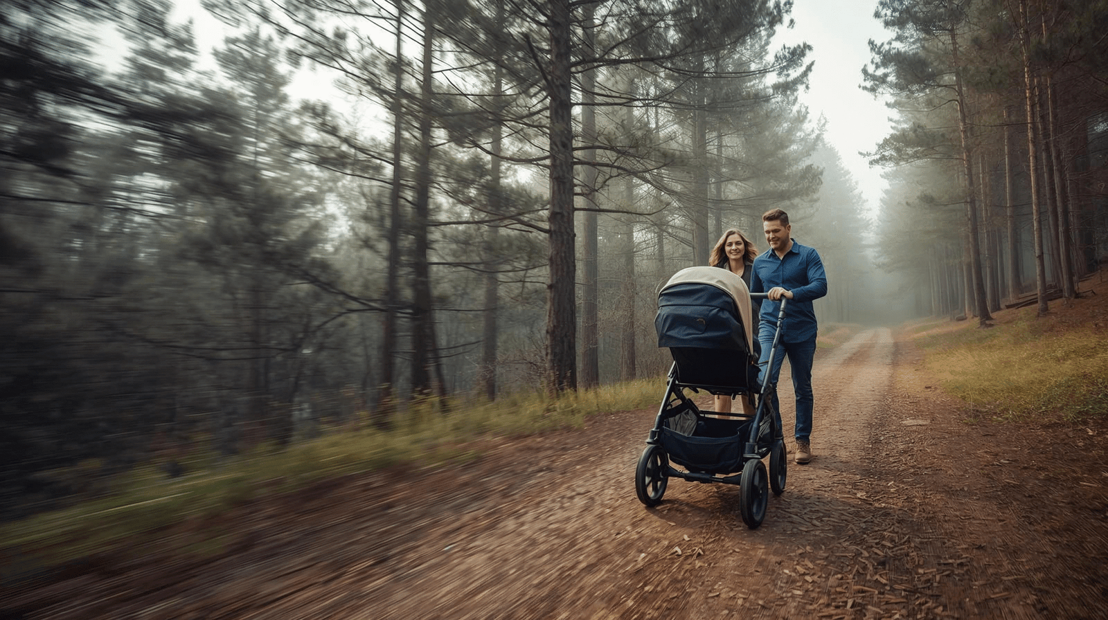 Poussette tout-terrain sur un chemin de forêt